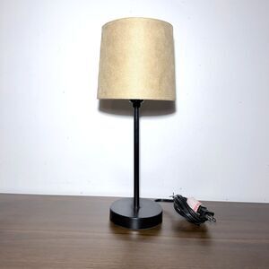 Black Metal Table Mini Lamp w/ Beige Fabric Drum Shade, Push Button